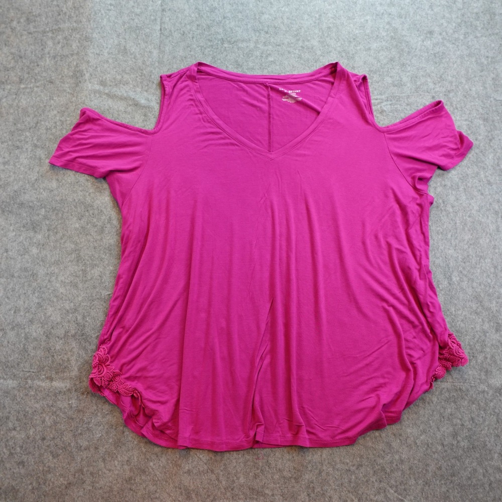 Lane Bryant Top Women 26/28 Pink Cold Shoulder Crochet Trim VNeck Jersey Knit